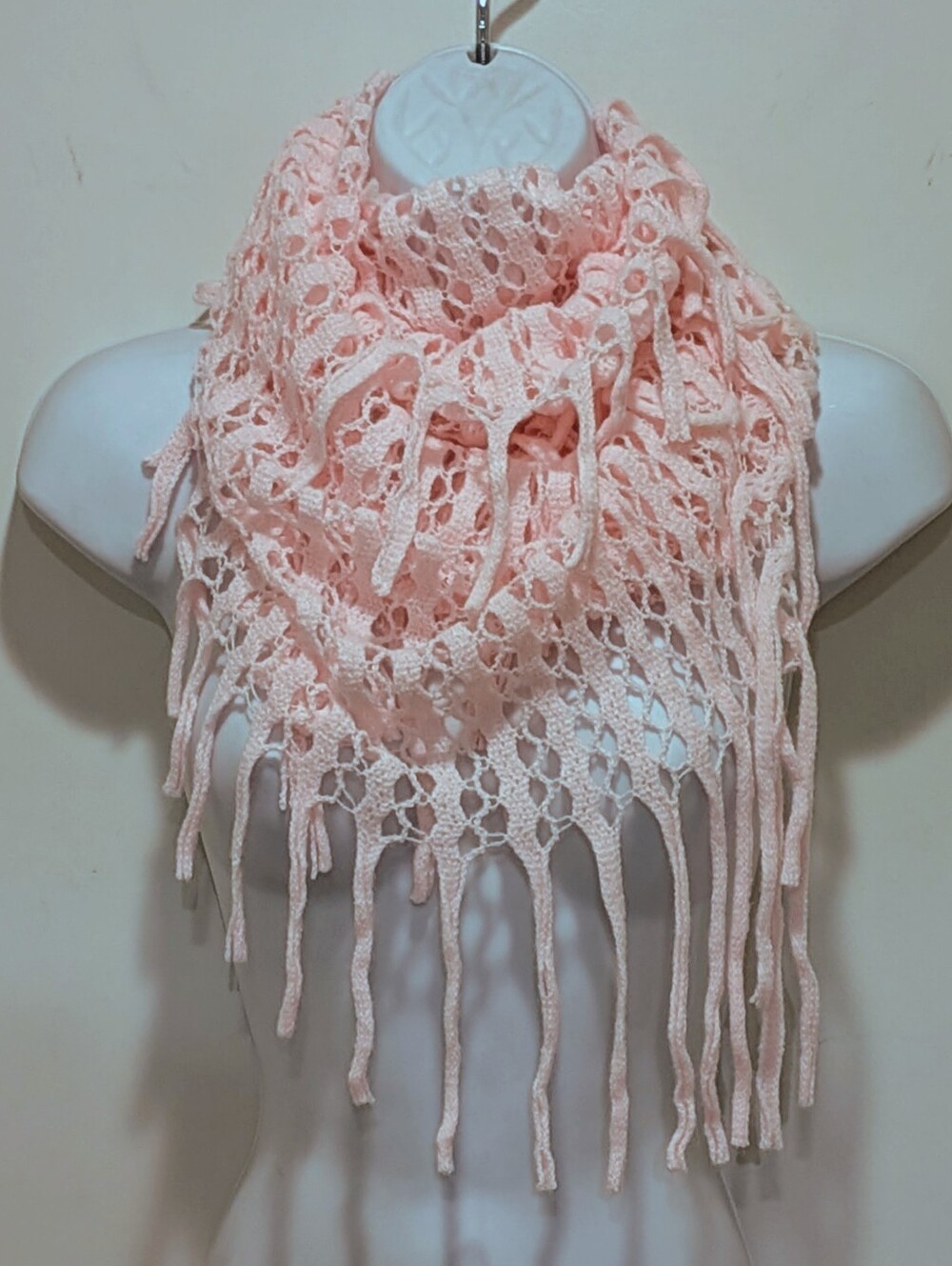 EUC Pink Crochet Mesh Stitch Open Weave Infinity Scarf with Fringe